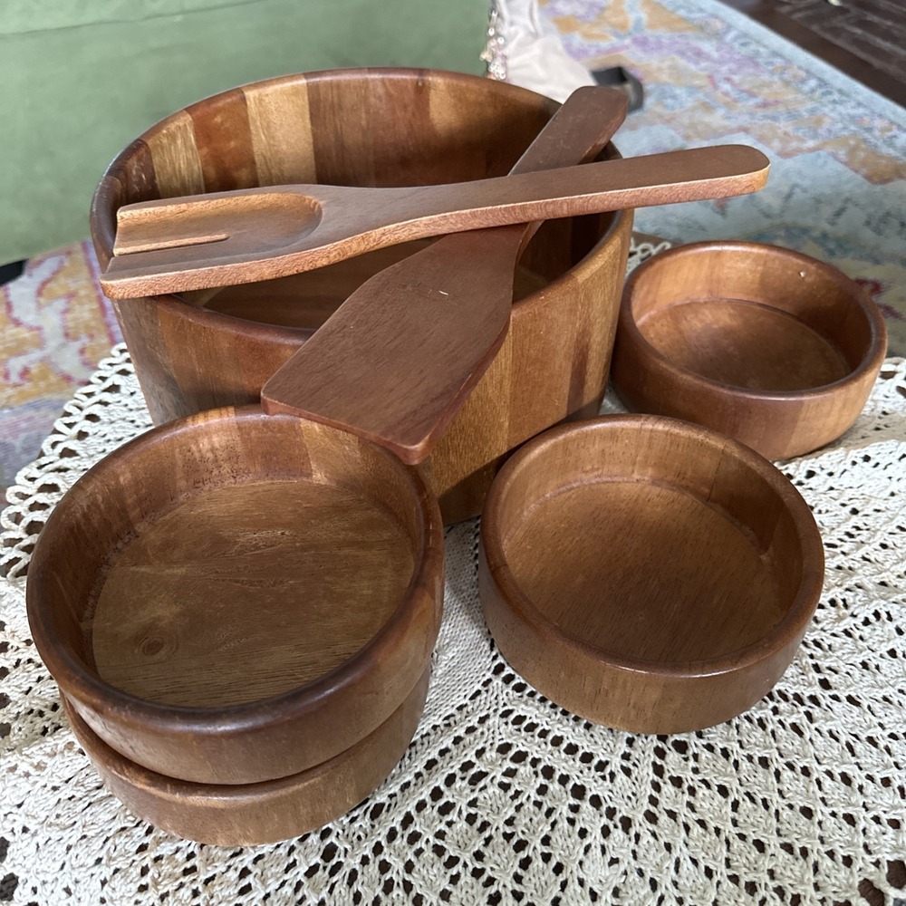 Vintage 7 Pc MCM Teak Salad Bowl Set Serving Bowl 4 Salad Bowl 2 Utensils